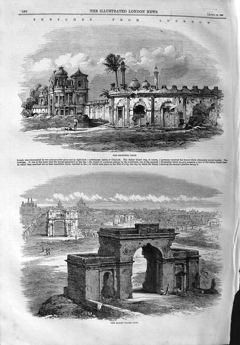 Original Old Antique Print 1859 Lucknow Secundra Bagh Bailey Guard Gate War