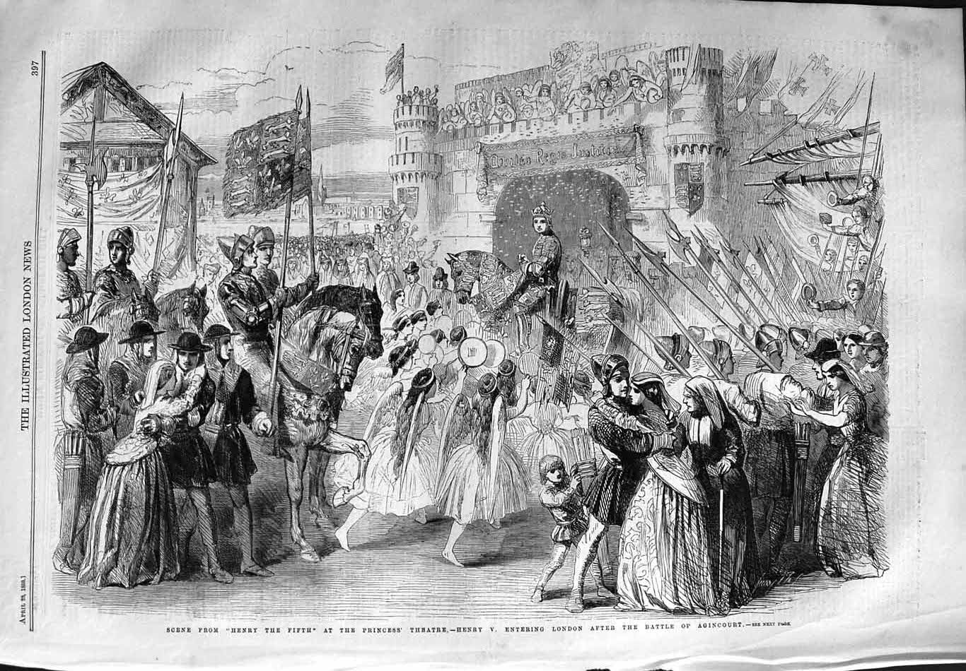 Antique Old Print *3740 1859 Henry Fifth Princess Theatre Battle Agincourt