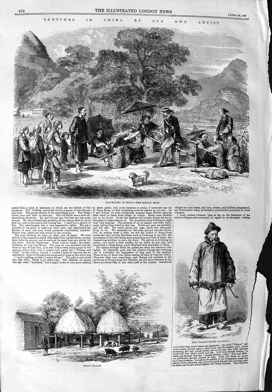 Old Antique Print 1859 China Transport Paddy Stack Village Elder Can-Haou 19th