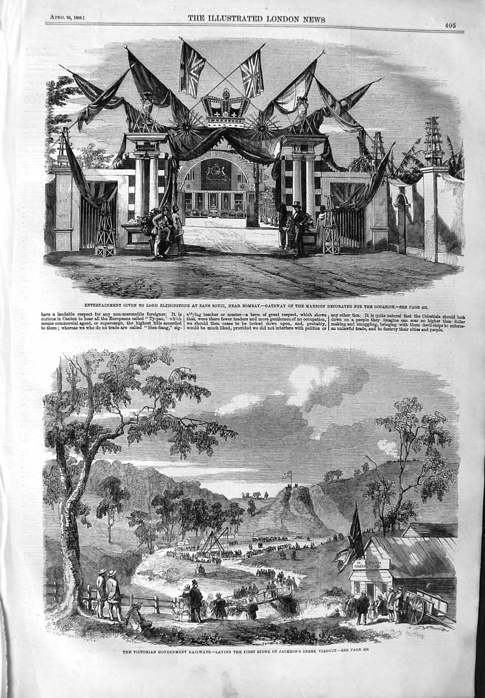 Old Antique Print 1859 Lord Elphinstone Sans Souci Bombay Railway Jackson 19th