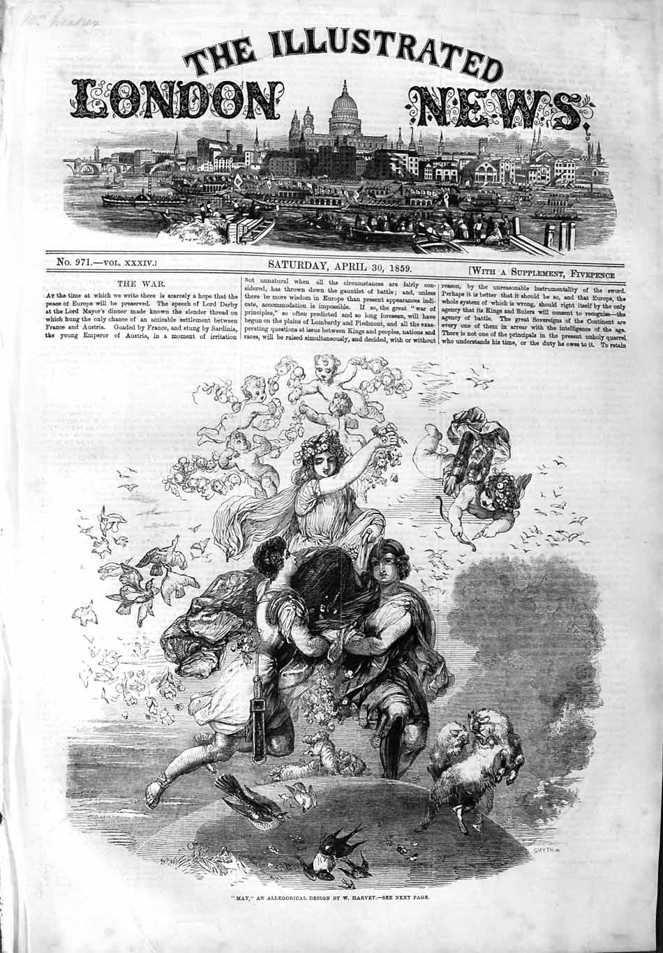 Original Old Antique Print 1859 May Allegorical Design Harvey 19th