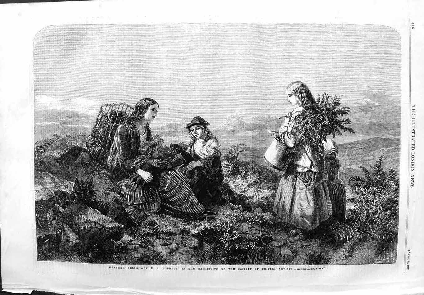 Original Old Antique Print 1859 Heather Bells Women Children Moors Scotland