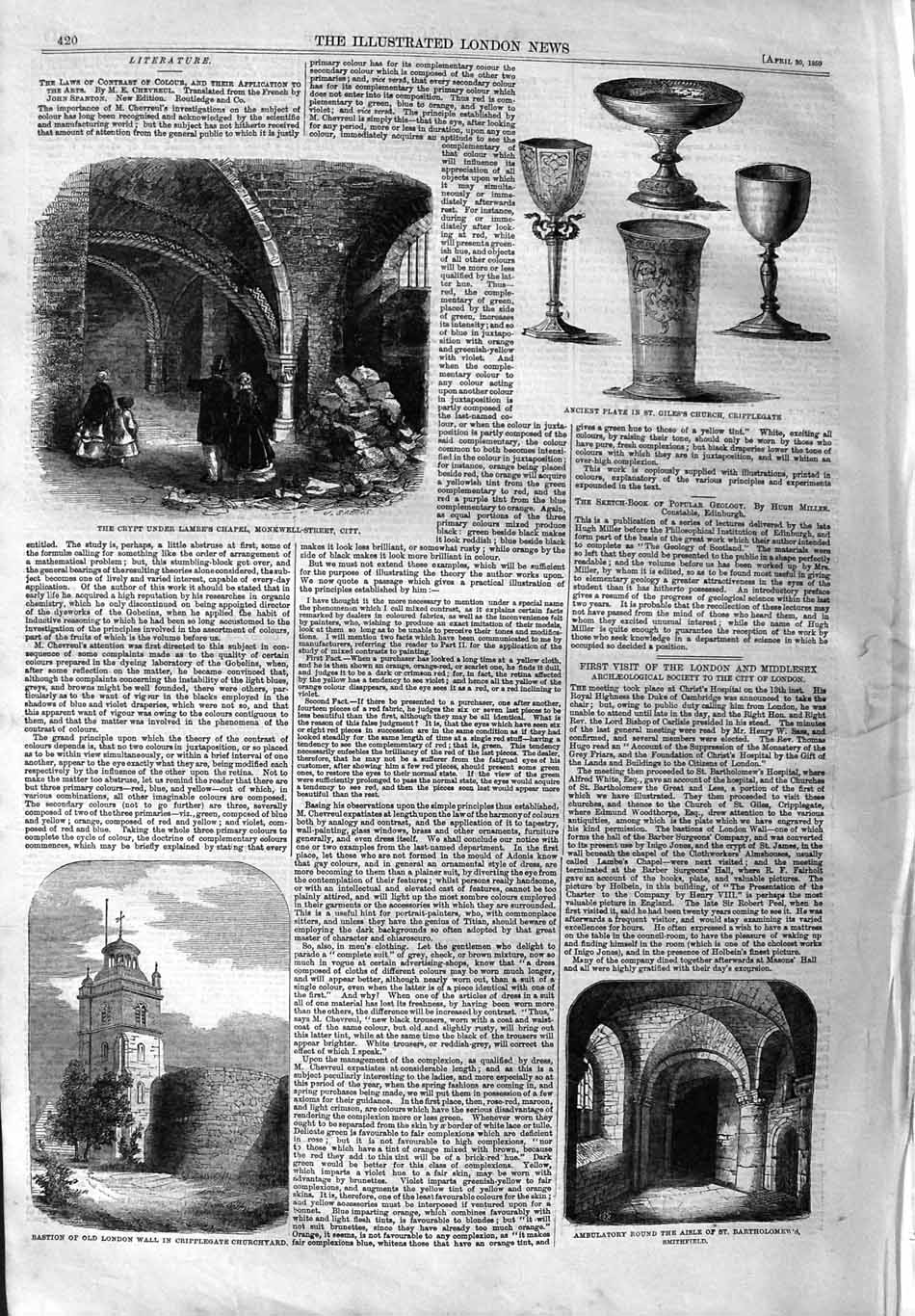 Original Old Antique Print 1859 Crypt Chapel Monkwell London Wall Cripplegate