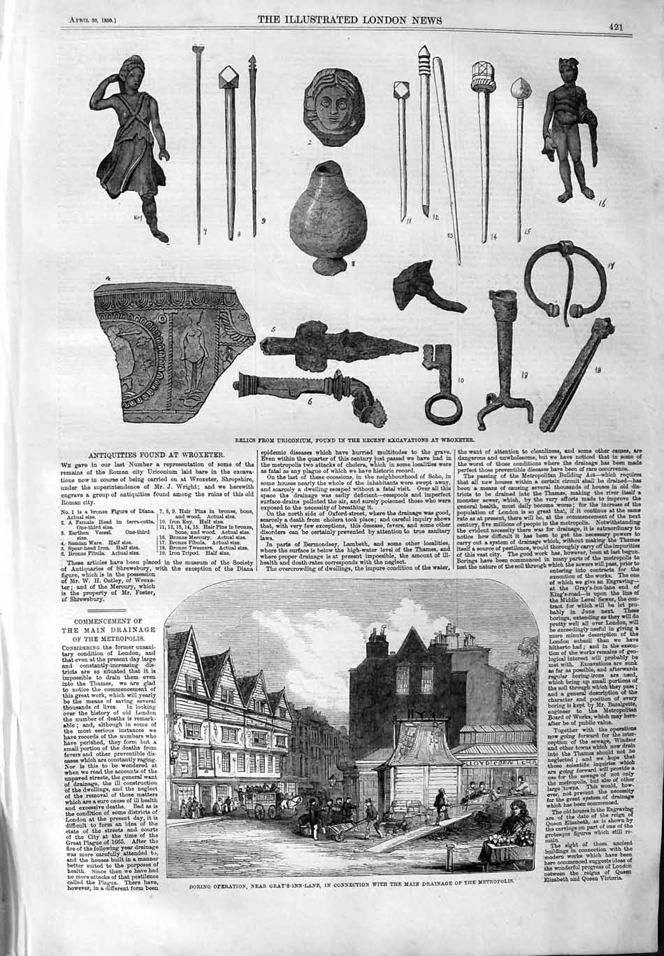 Old Antique Print 1859 Relics Uriconium Wroxeter Boring Grey'S-Inn-Lane 19th