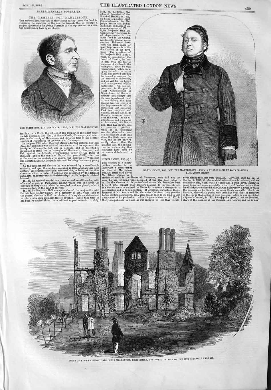 Original Old Antique Print 1859 King'S Newton Derbyshire Edwin James Mar 19th