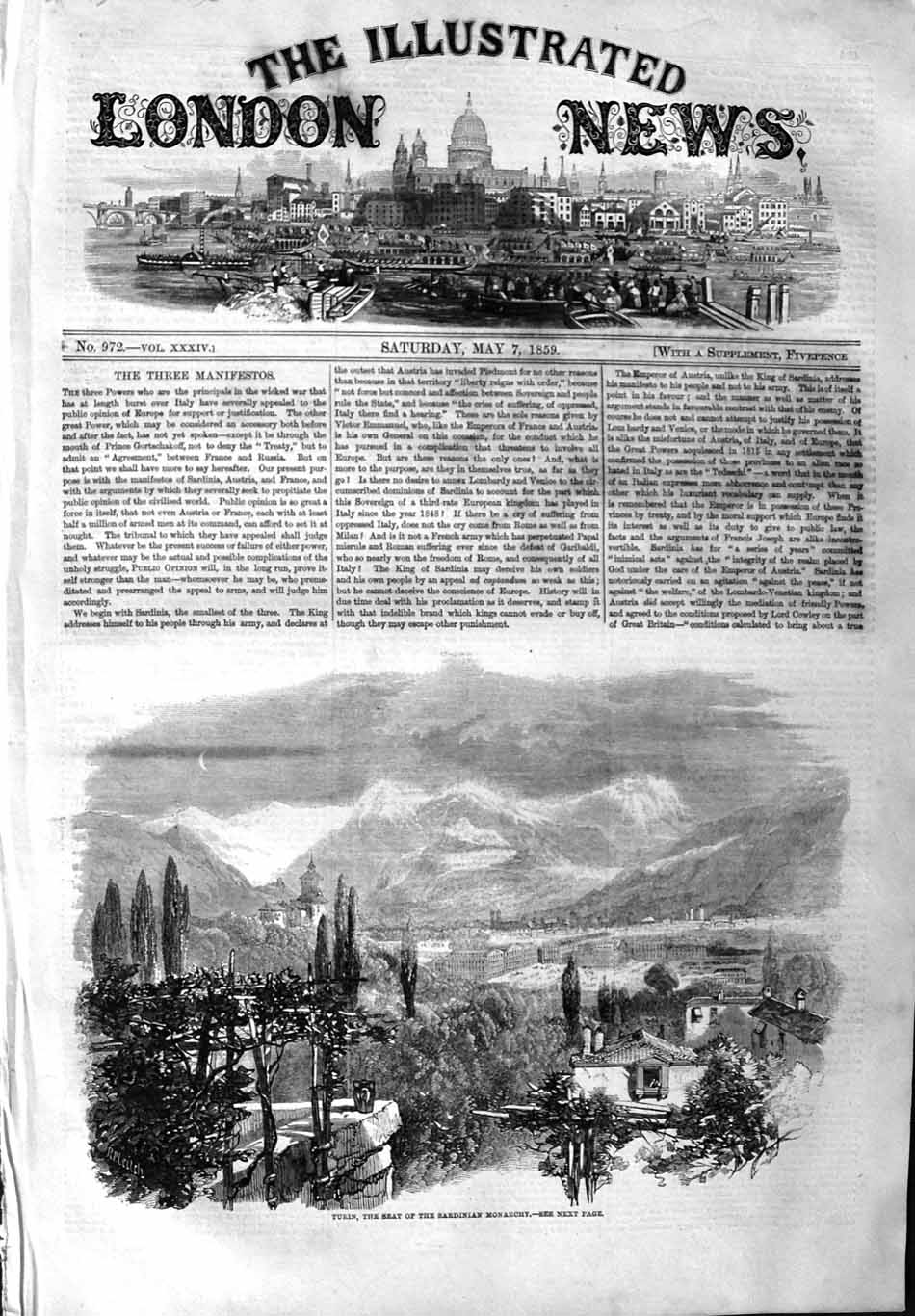 Original Old Antique Print 1859 View Turin Seat Sardinian Monarchy Dora Riparia