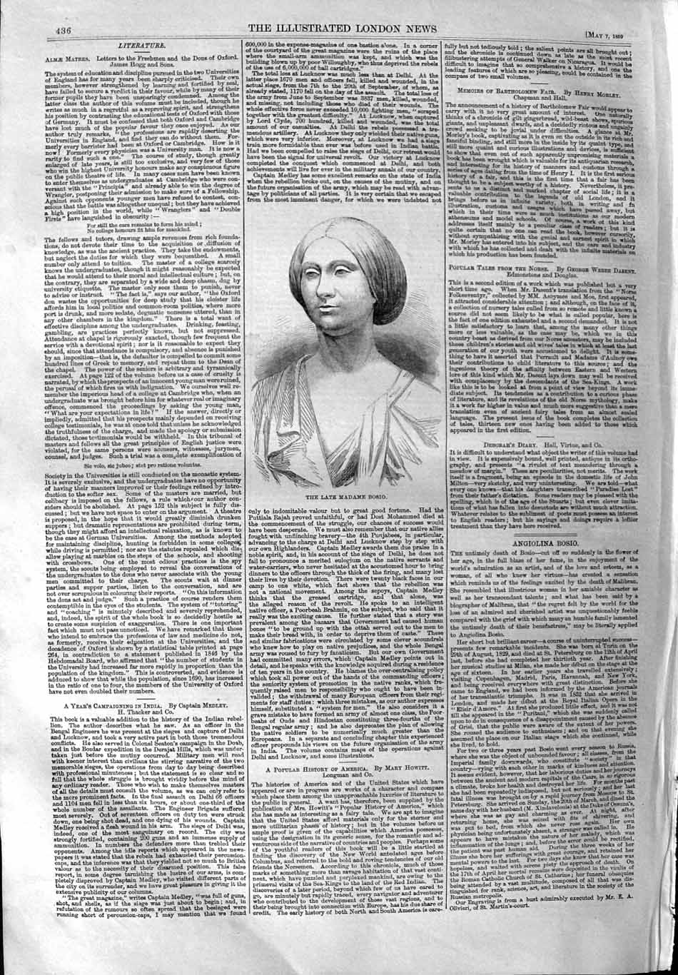 Original Old Antique Print 1859 Portrait Late Madame Bosio Lady Woman Victorian