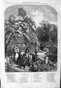 Original Old Antique Print 1859 May Garland Flowers Children Garden Harris 19th