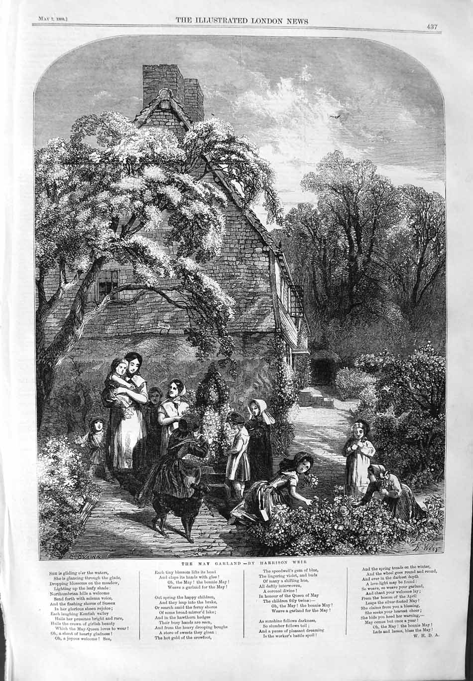 Original Old Antique Print 1859 May Garland Flowers Children Garden Harris 19th