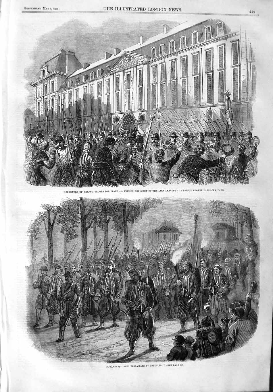 Original Old Antique Print 1859 French Siers Italy Prince Eugene Barracks Paris