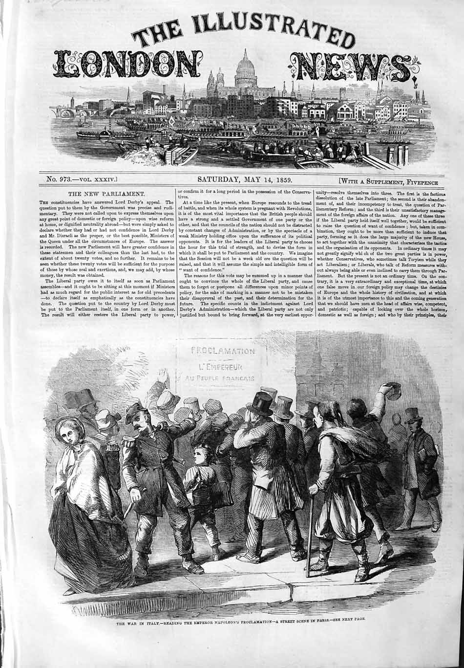 Original Old Antique Print 1859 War Italy Reading Empror Napoleon Street Paris