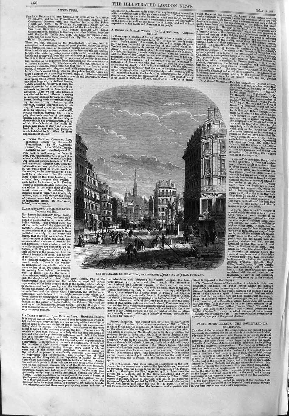 Original Old Antique Print 1859 View Boulevard De Sebastopol Paris France 19th