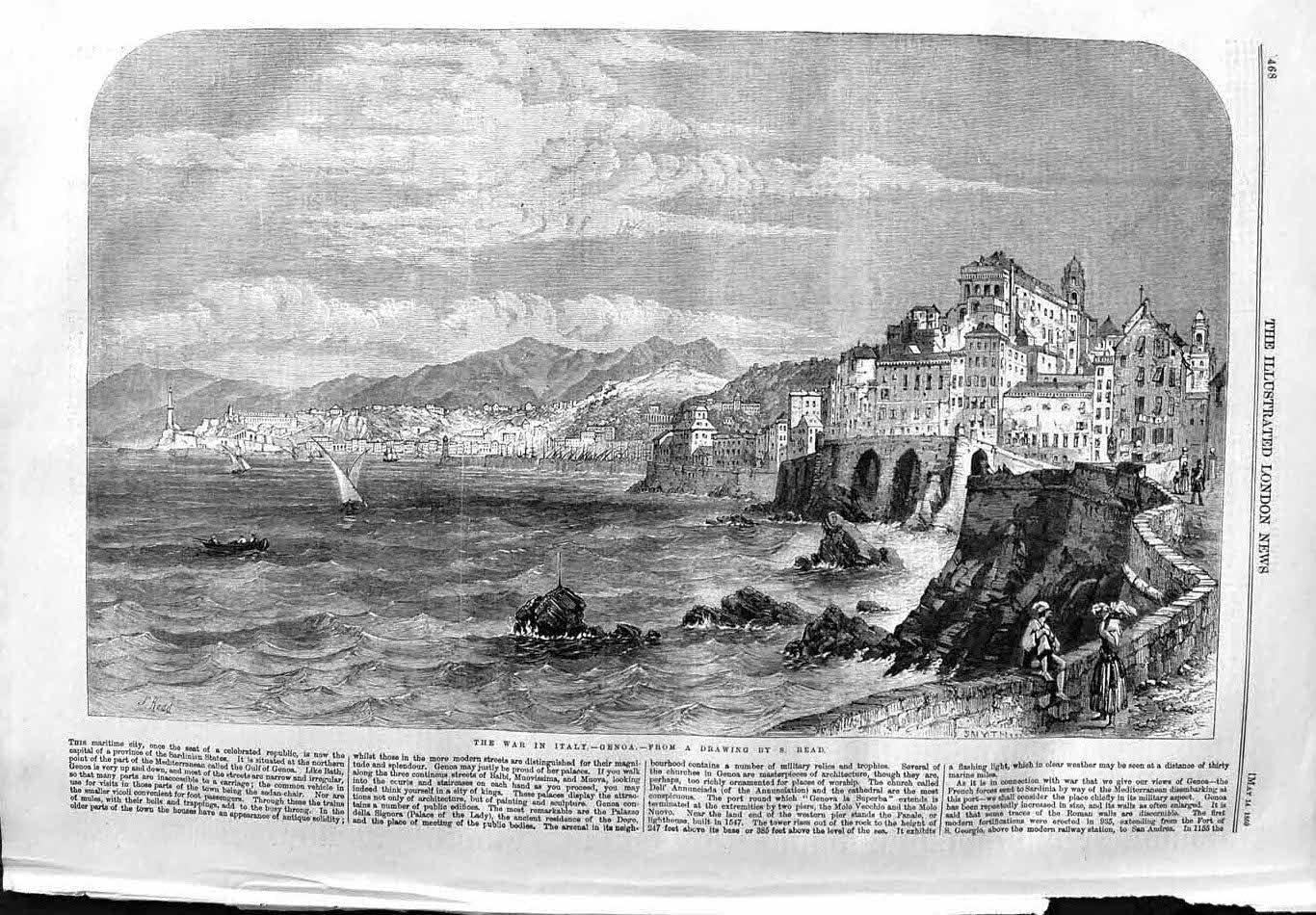 Original Old Antique Print 1859 War Italy View Genoa Yachts Buildings Mountains