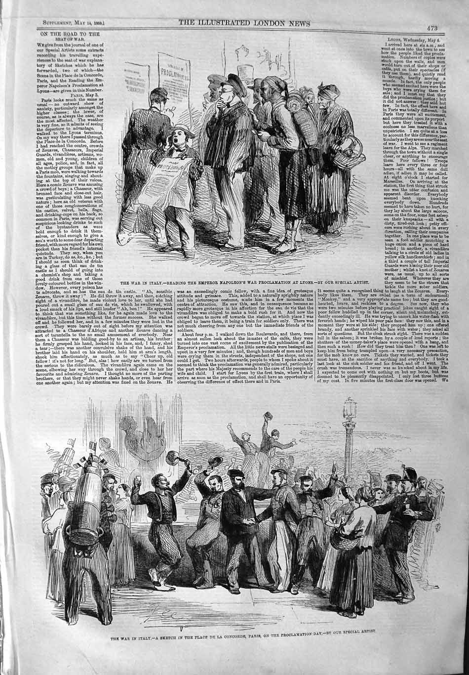 Original Old Antique Print 1859 War Italy Napoleon Proclamation Paris Concorde
