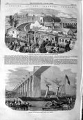 Original Old Antique Print 1859 Cornwall Railway Albert Viaduct Vivid Ship 19th