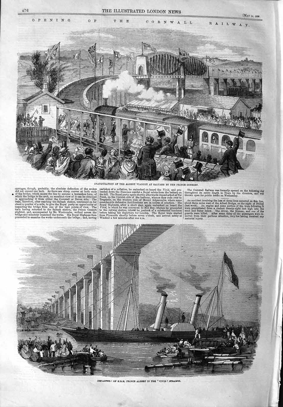 Original Old Antique Print 1859 Cornwall Railway Albert Viaduct Vivid Ship 19th