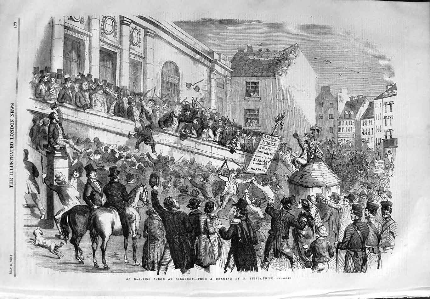 Original Old Antique Print 1859 Election Scene Kilkenny Ireland Moore Joh 19th