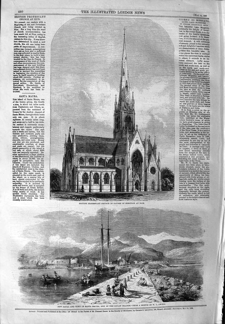 Original Old Antique Print 1859 British Protestant Church Nice Santa Maura 19th