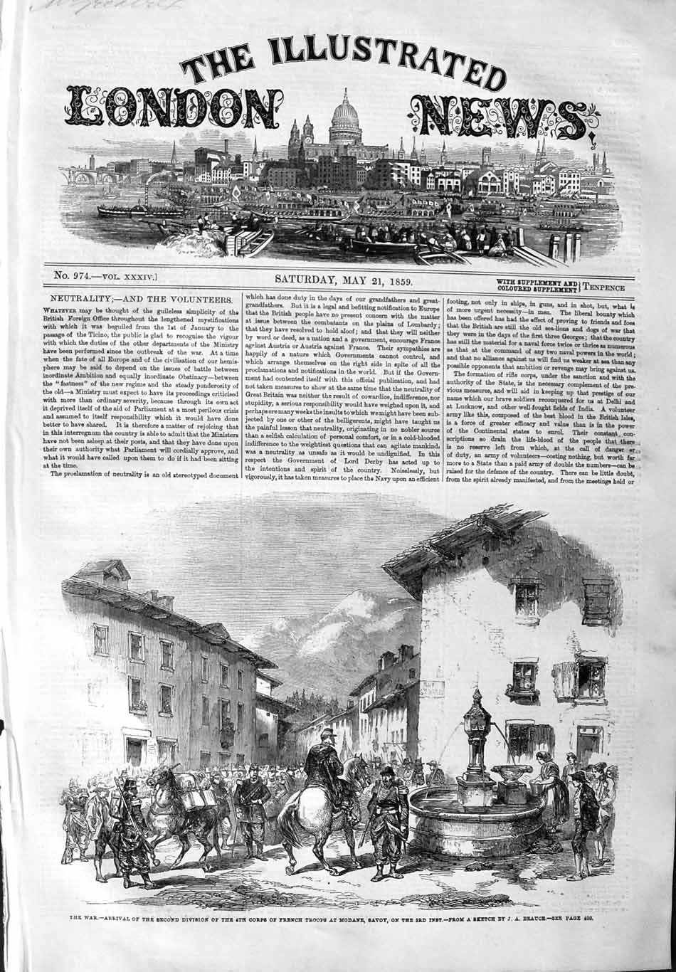Original Old Antique Print 1859 War Siers French Troops Modane Savoy Victorian