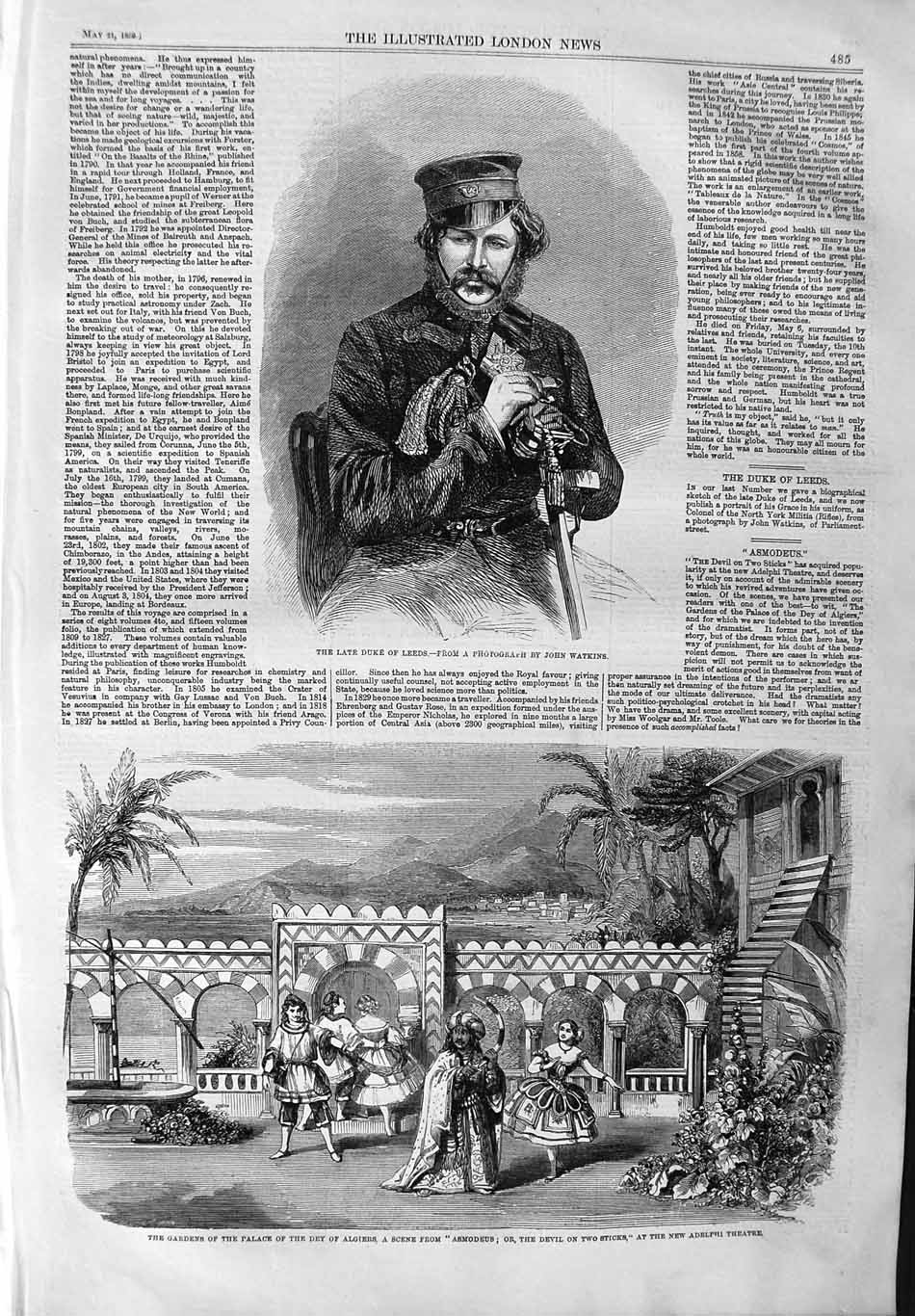 Antique Old Print *3734 1859 Duke Leeds Gardens Palace Dey Algiers Theatre