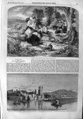 Original Old Antique Print 1859 Buttercups Daisies Carnarvon Castle Wales Boats