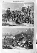 Old Antique Print 1859 Children Farm House Man Selling Birds Feast Roses 19th