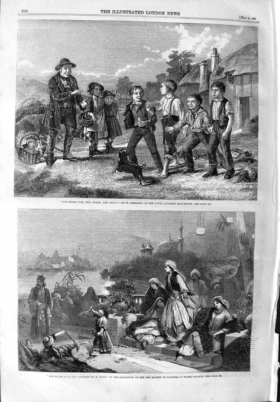 Old Antique Print 1859 Children Farm House Man Selling Birds Feast Roses 19th