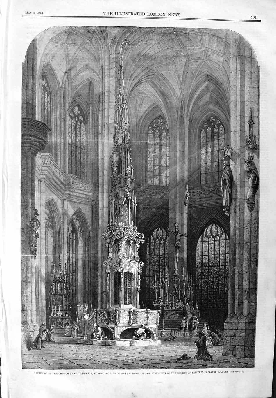 Original Old Antique Print 1859 Interior Church Lawrence Nuremberg Architecture