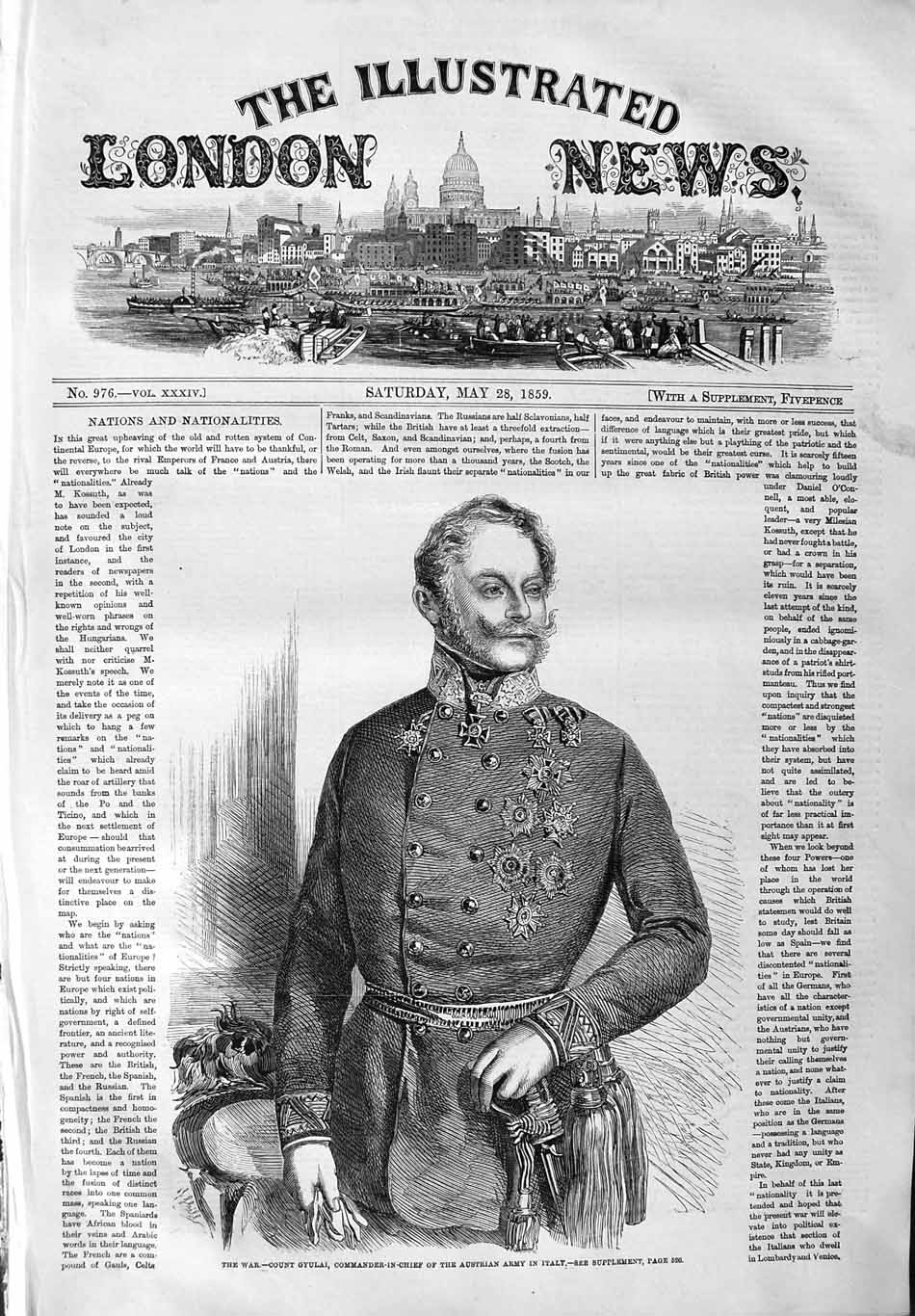 Old Antique Print 1859 War Count Gyulai Commander-In-Chief Austrian Army 19th