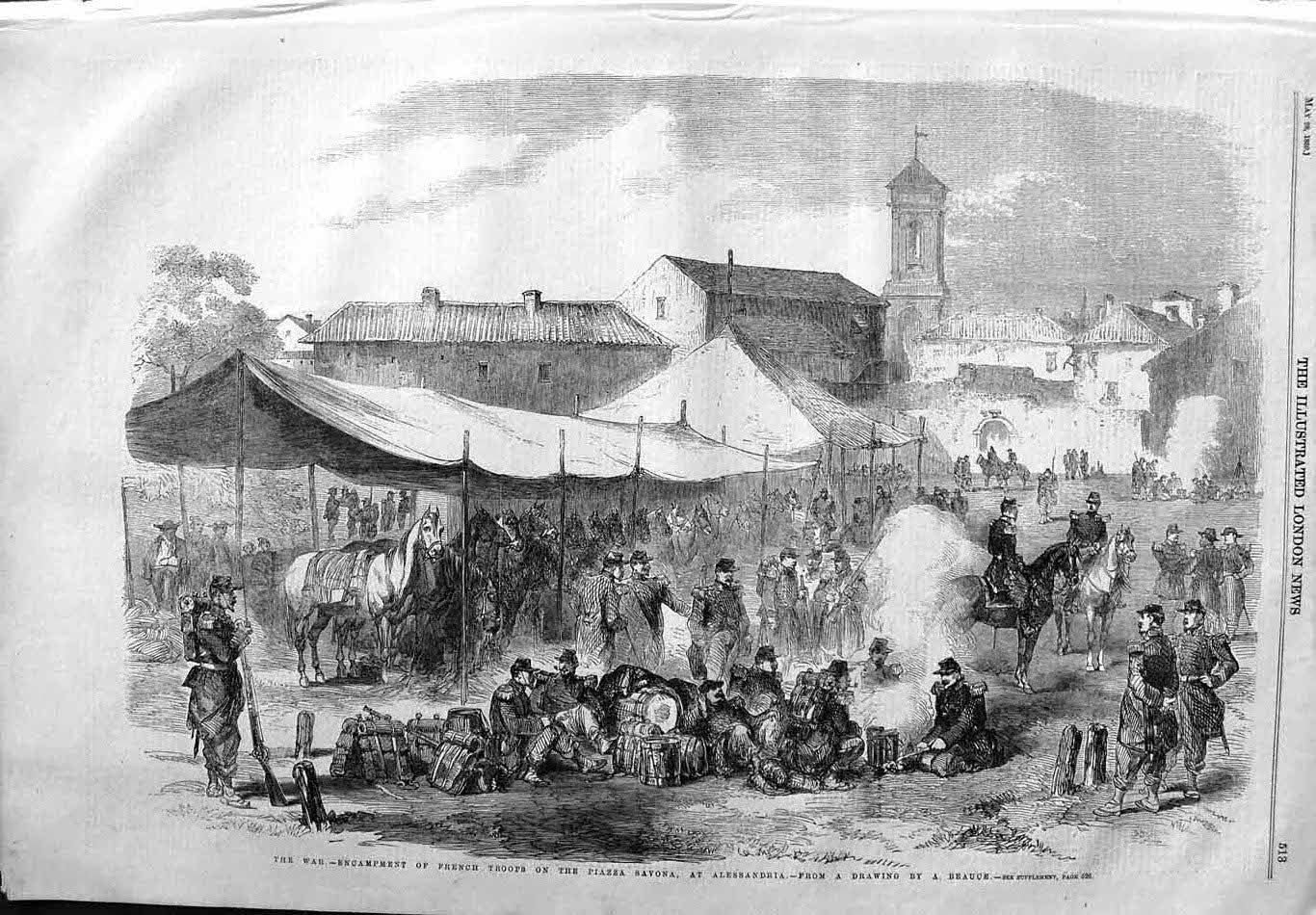 Original Old Antique Print 1859 War Camp French Siers Piazza Savona Alessandria