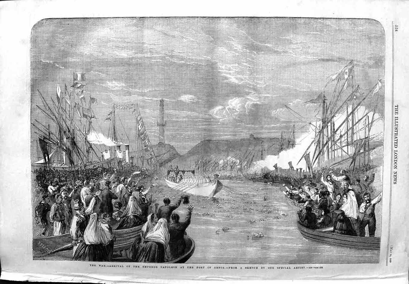 Original Old Antique Print 1859 War Emperor Napoleon Port Genoa Ships Reception