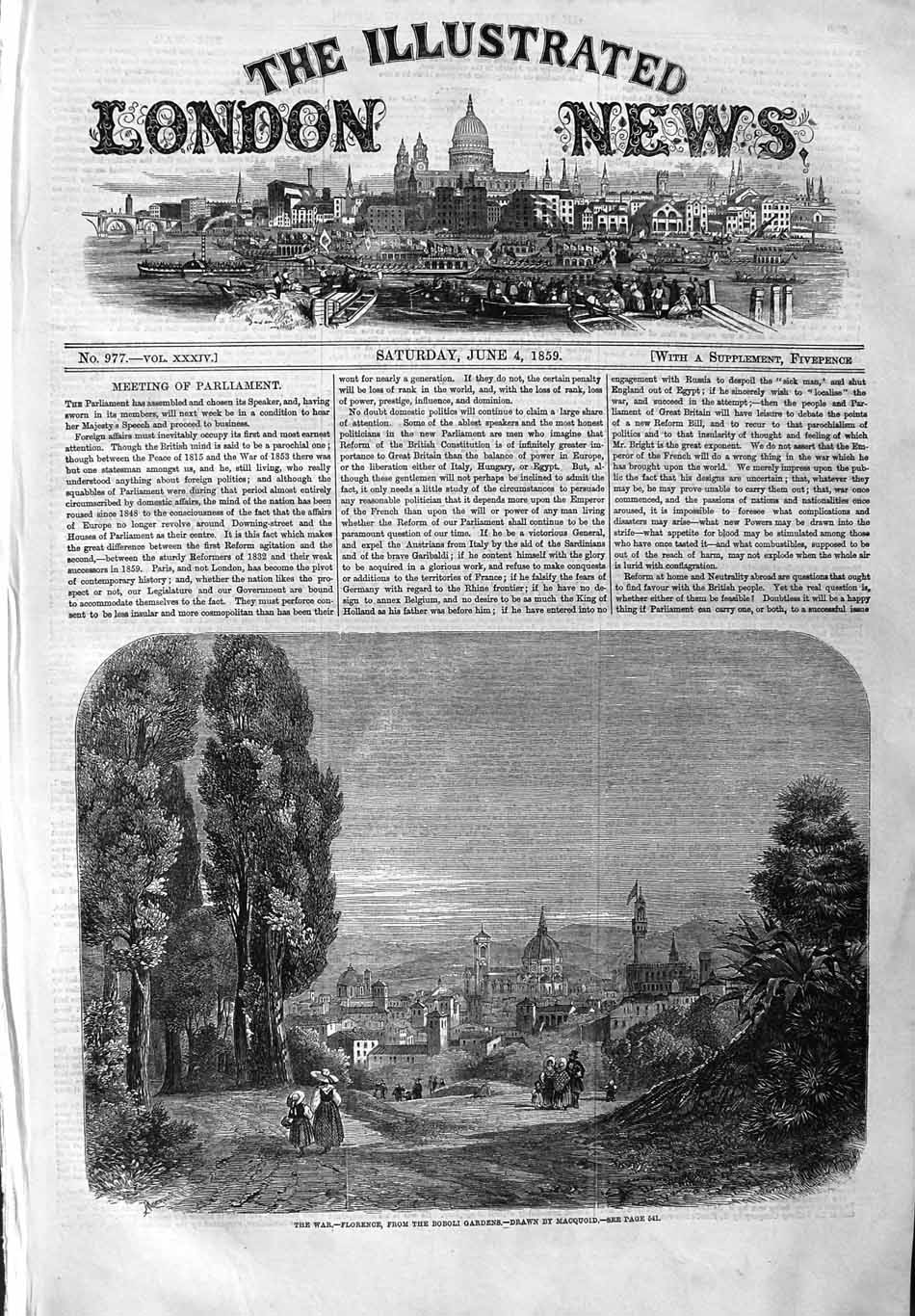 Original Old Antique Print 1859 War Florence Bobli Gardens Italy 19th