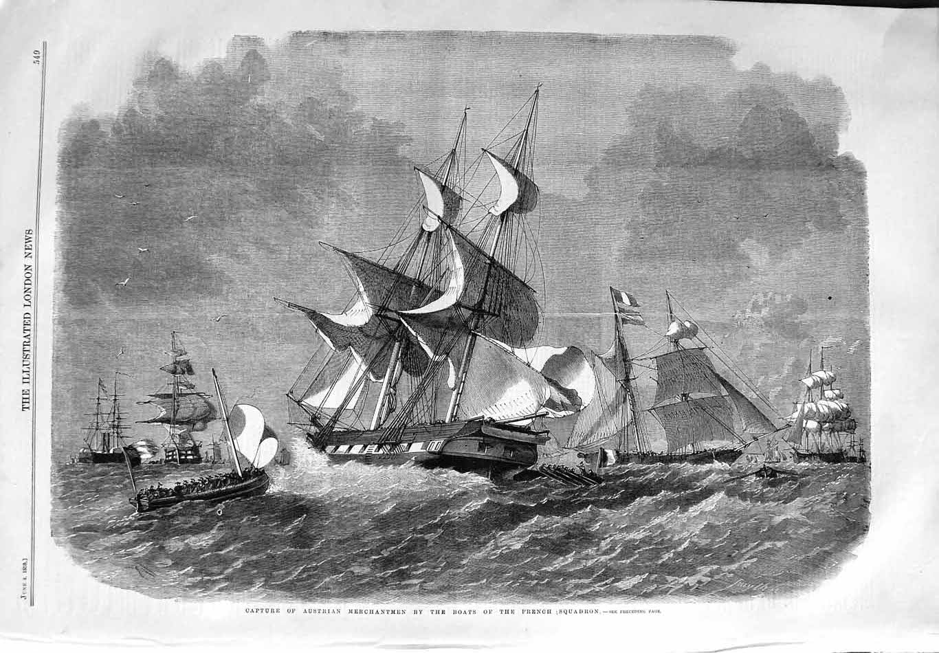 Old Antique Print 1859 Capture Austrian Merchantmen Ships French Squadron 19th