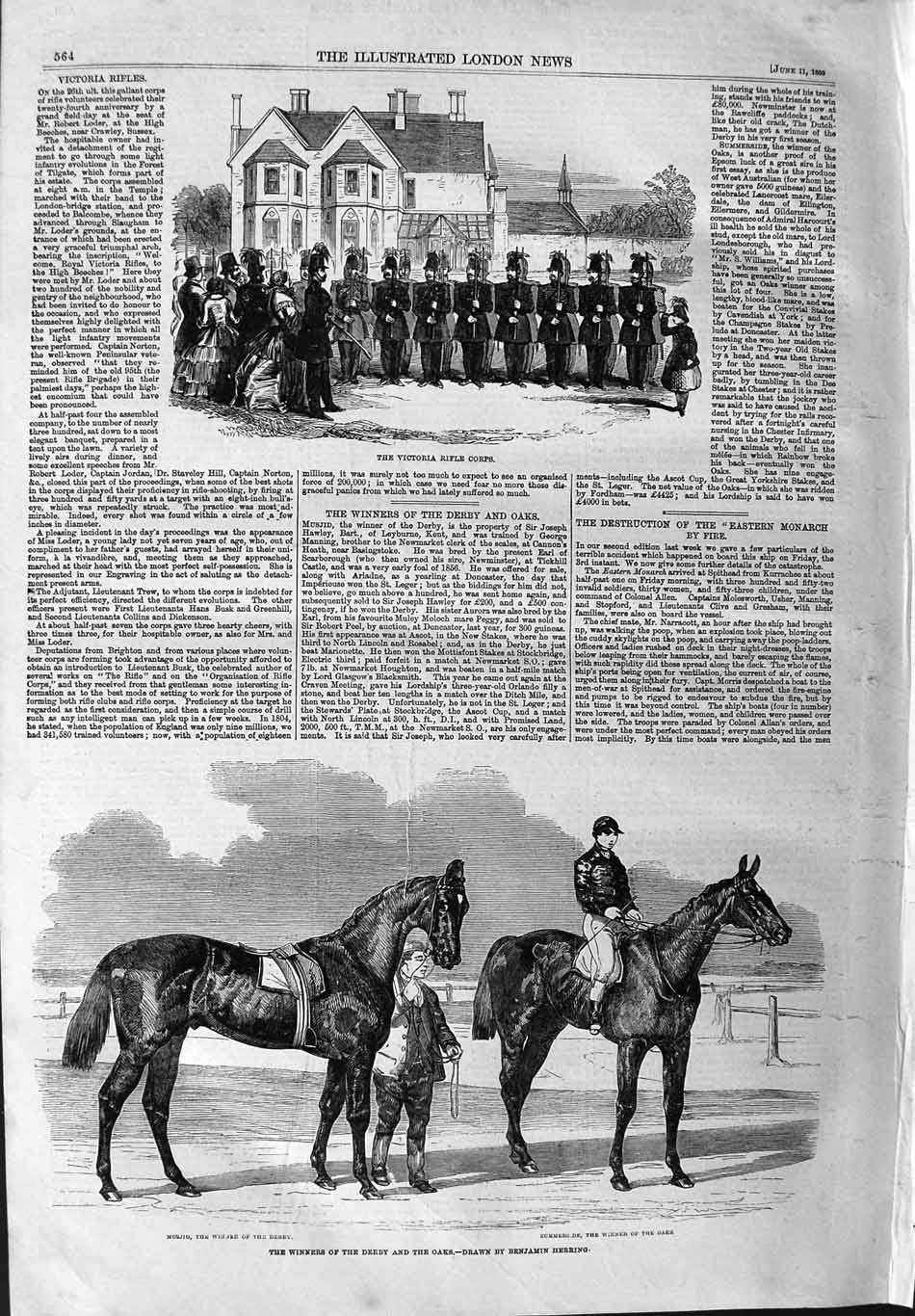 Original Old Antique Print 1859 Victoria Rifle Corps Horses Derby Oaks Musjid