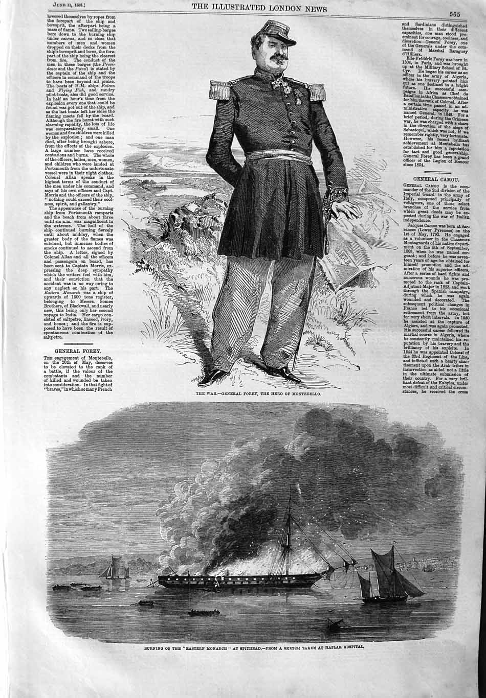 Old Antique Print 1859 War General Forey Montebello Eastern Monarch Ship 19th
