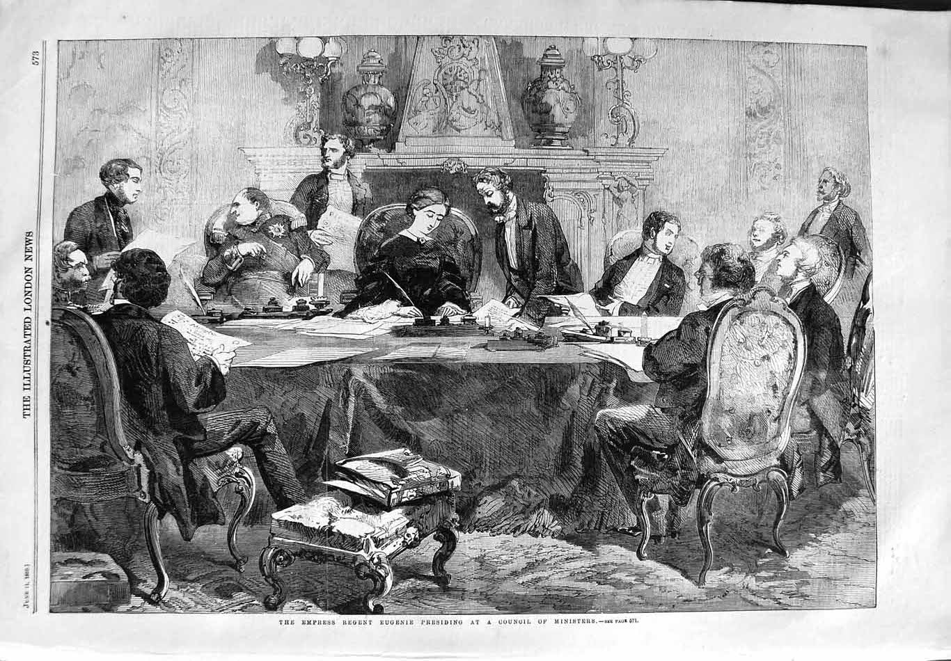 Original Old Antique Print 1859 Empress Regent Eugnie Council Ministers Meeting
