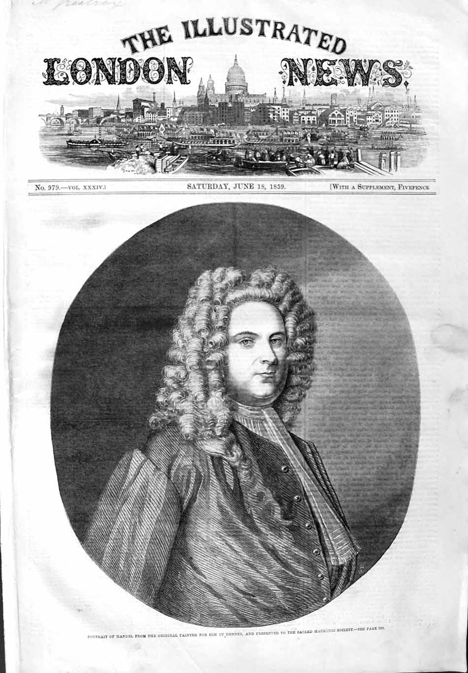 Original Old Antique Print 1859 Portrait Handel Denner 19th Century