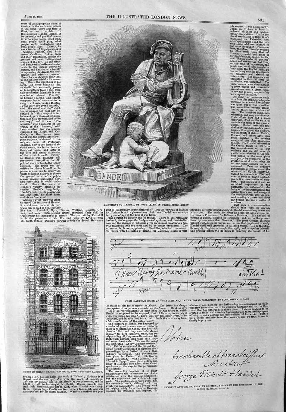 Original Old Antique Print 1859 Monument Handel Westminster Abbey Au Victorian