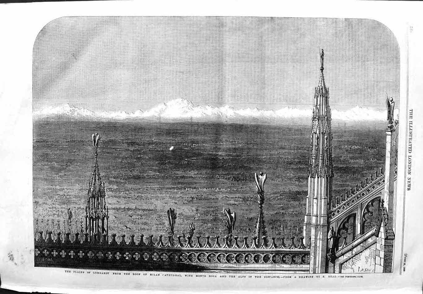 Original Old Antique Print 1859 Plains Lombardy RoMilan Cathedral Monte Alps