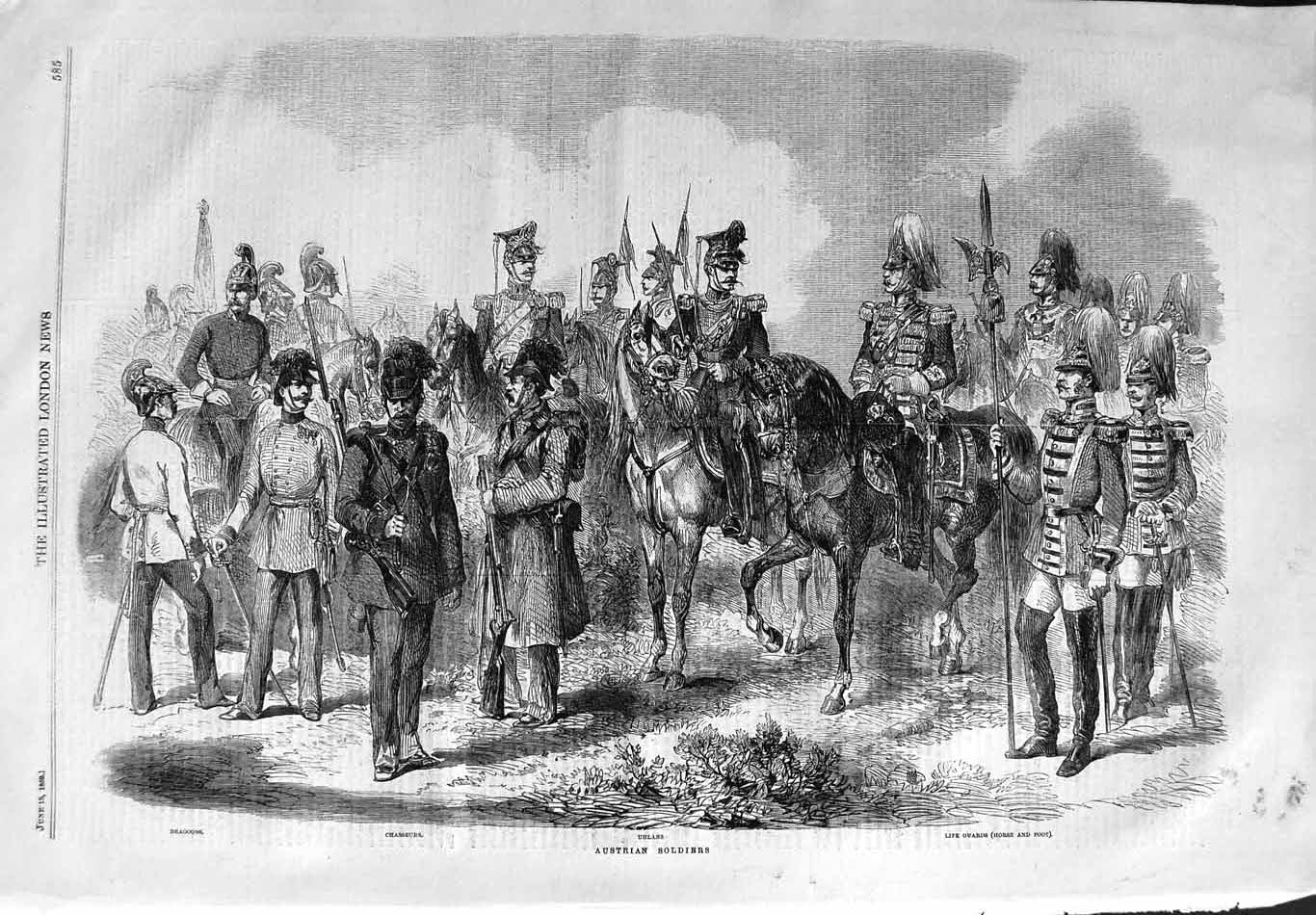 Original Old Antique Print 1859 Austrian Siers Uhlans Chasseurs Dragoons Guards