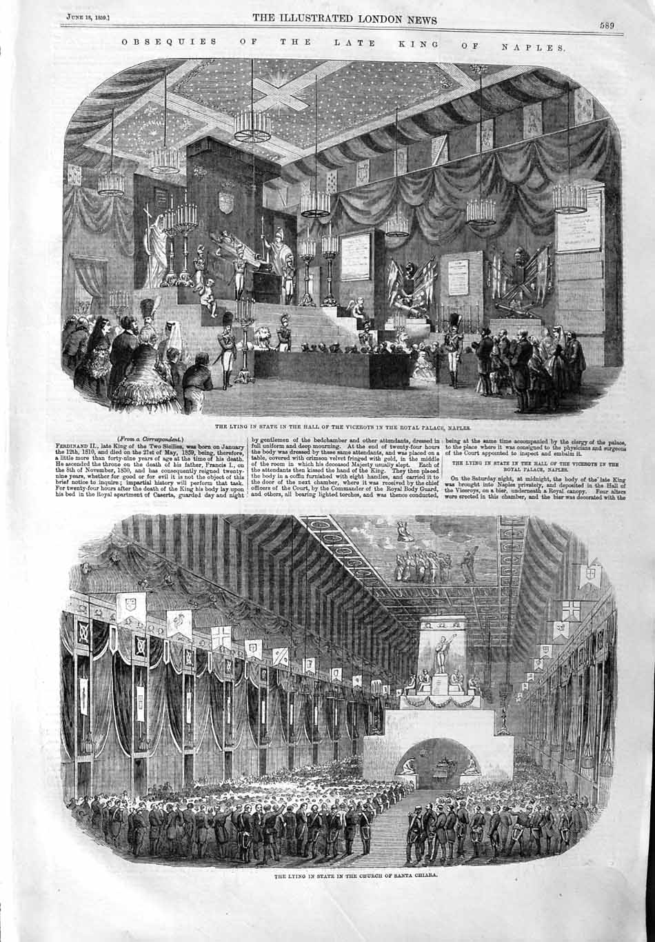 Original Old Antique Print 1859 King Naples Hall Viceroys Church Santa Chiara
