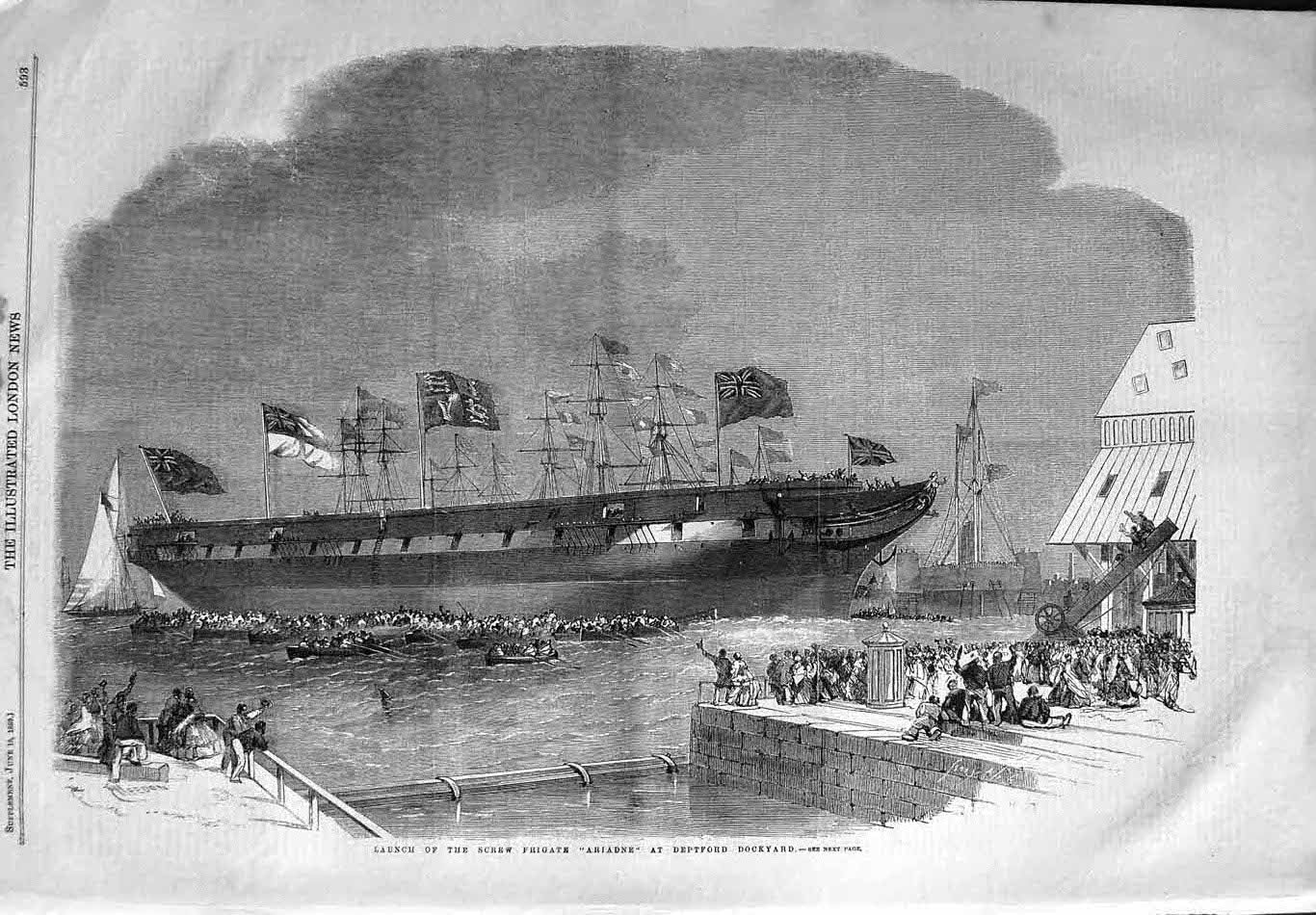 Original Old Antique Print 1859 Launch Frigate Ariadne Ship Deptford Dockyard