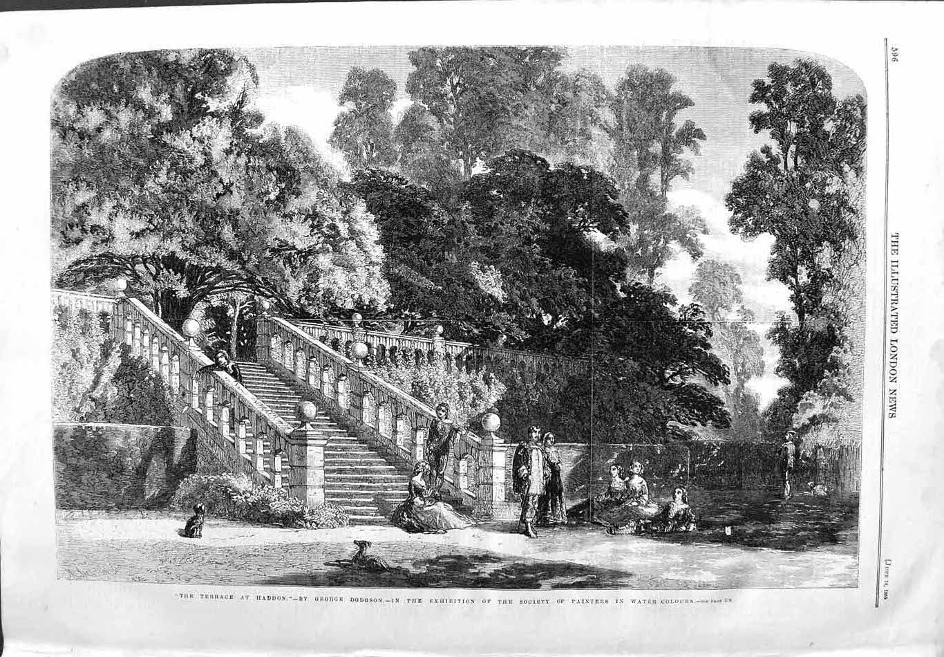 Original Old Antique Print 1859 View Terrace Haddon Garden Steps Dodgson 19th