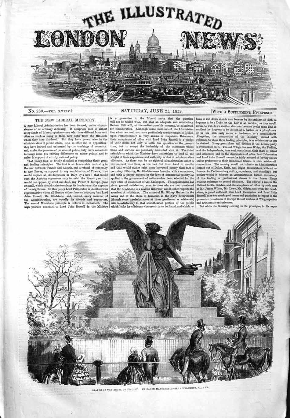 Original Old Antique Print 1859 Statue Angel Victory Baron Mar 19th