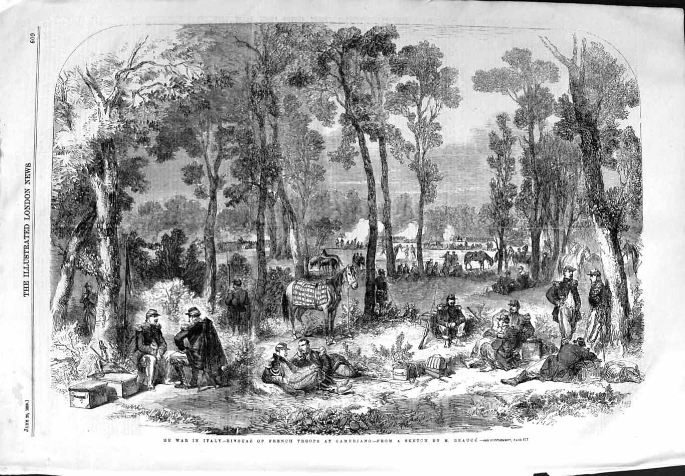 Original Old Antique Print 1859 War Italy Bovouac French Troops Cameriano 19th