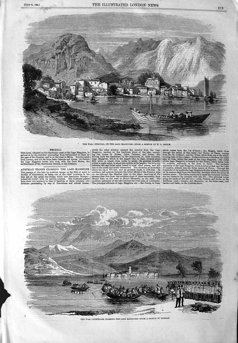 Original Old Antique Print 1859 War Feriolo Lago Maggiore Austrian Siers Boat