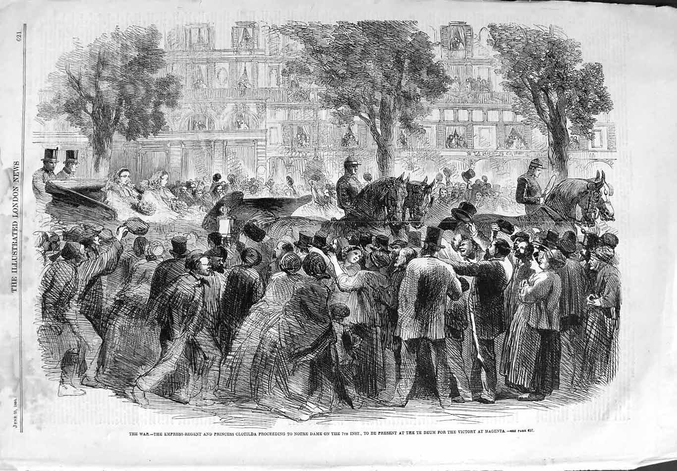 Original Old Antique Print 1859 War Princess Clotilda Notre Dame Deum Magenta