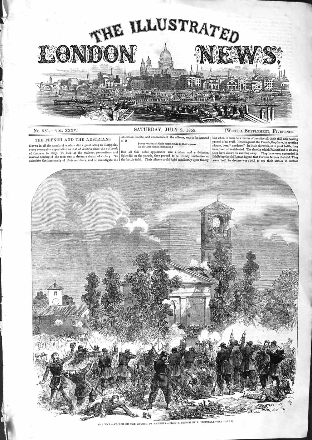 Original Old Antique Print 1859 War Attack Church Magenta Siers Battle 19th