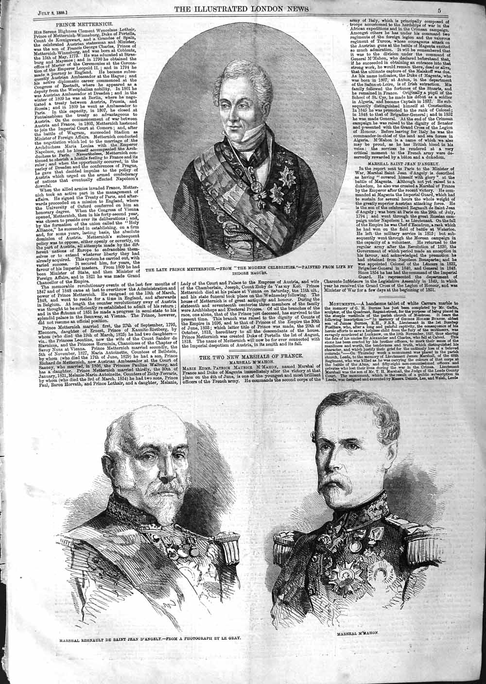 Original Old Antique Print 1859 Prince Metternich Marshal D'Angely M'Mahon War