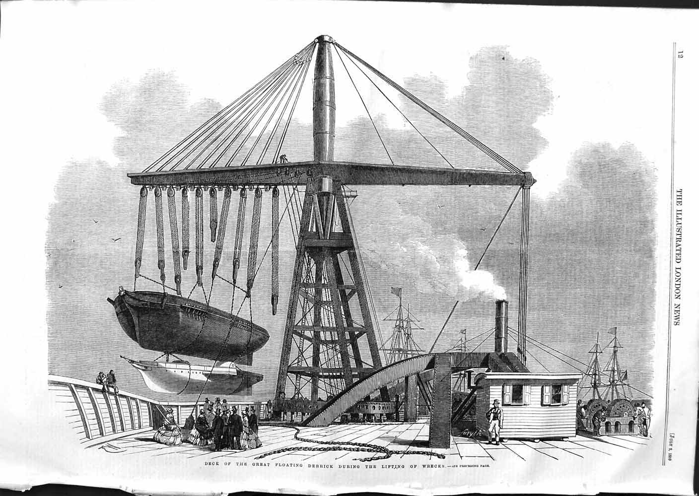 Original Old Antique Print 1859 Deck Great Floating Derrick Lifting Ship Wreck